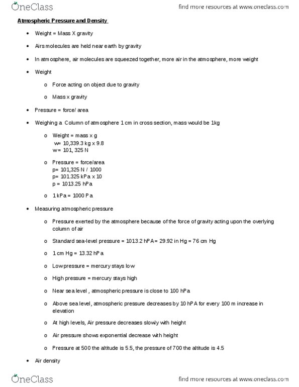 ENVIRSC 1A03 Lecture Notes - Lecture 3: Density Of Air, Ideal Gas Law thumbnail