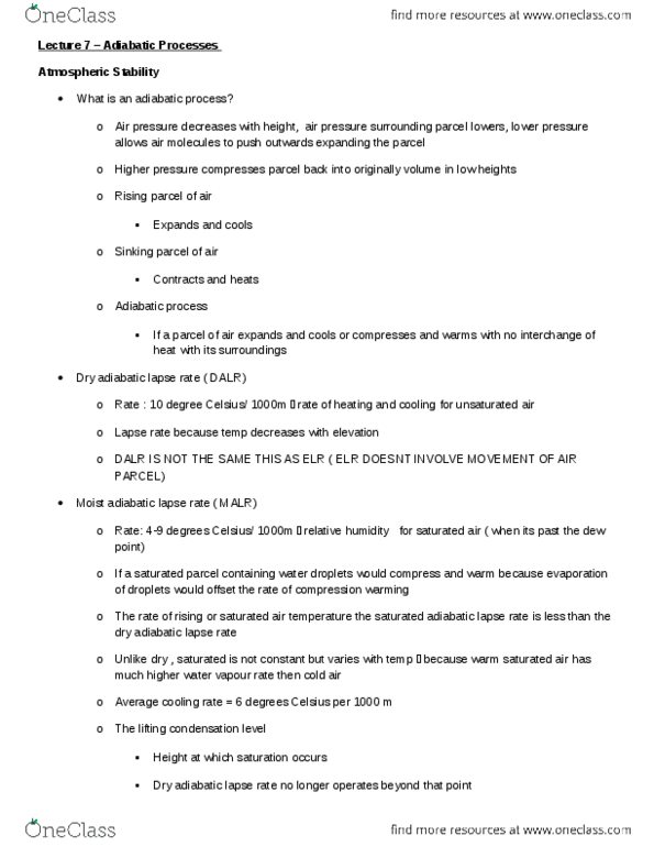 ENVIRSC 1A03 Lecture Notes - Lecture 7: Lifted Condensation Level, Fluid Parcel, Adiabatic Process thumbnail