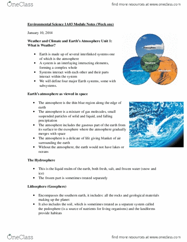 ENVIRSC 1A03 Lecture Notes - Lecture 1: Geosphere, Chlorofluorocarbon, Thermosphere thumbnail
