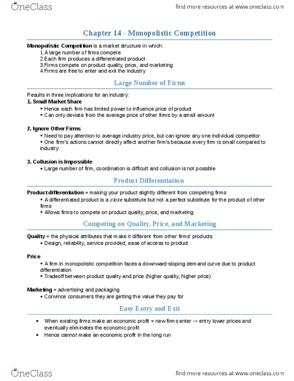 Economics 1021A/B Chapter Notes - Chapter 14: Monopolistic Competition, Perfect Competition, Product Differentiation thumbnail