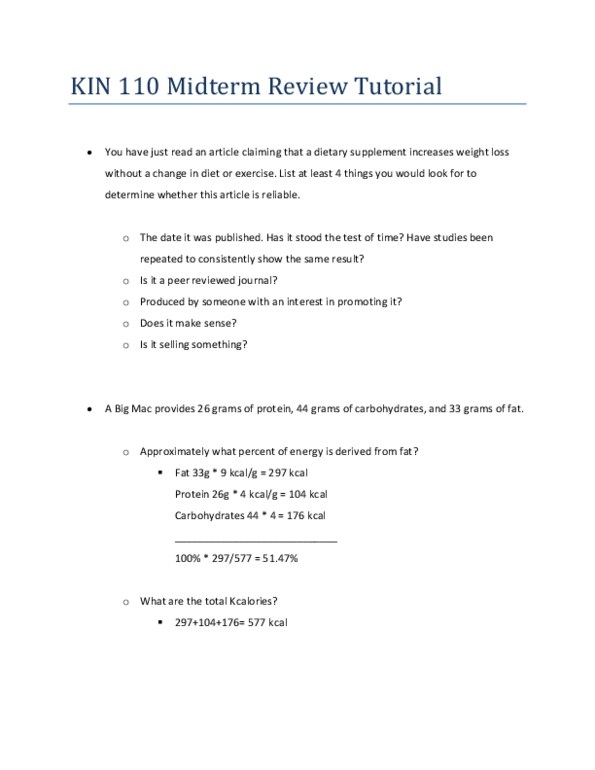 BPK 110 Midterm: KIN 110 Midterm Review notes from Tutorial - OneClass