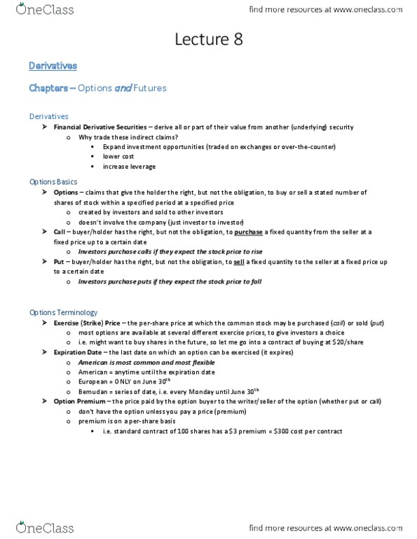 Management and Organizational Studies 1023A/B Chapter Notes - Chapter 9: Chicago Board Options Exchange, International Securities Exchange, Call Option thumbnail