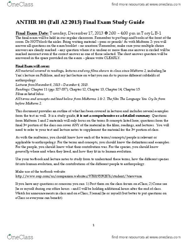 ANTHR101 Final: ANTHR 101 Final Exam Study Guide.pdf - OneClass