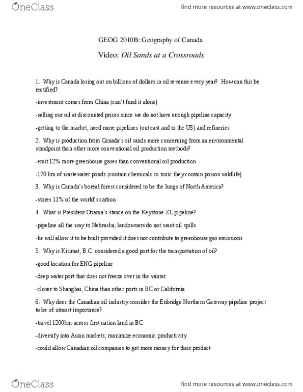 Geography 2010A/B Lecture Notes - Lecture 8: Keystone Pipeline, Enbridge, Enbridge Northern Gateway Pipelines thumbnail