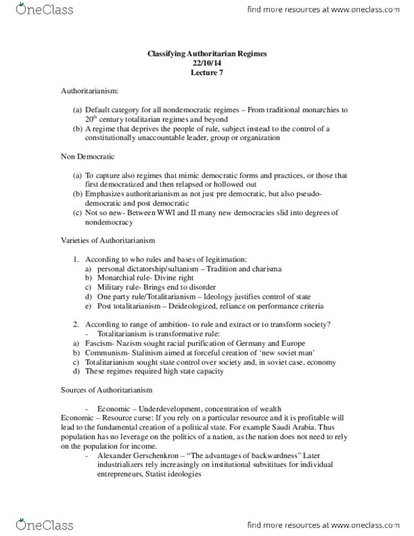 Political Science 2245E Lecture Notes - Lecture 7: Authoritarianism, Totalitarianism thumbnail