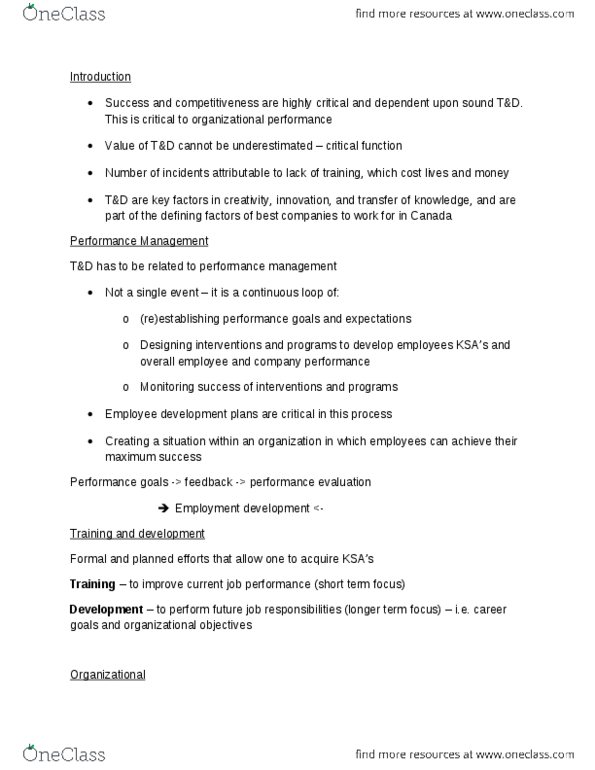 HRM 3410 Lecture Notes - Lecture 1: Training And Development, Job Performance, Task Analysis thumbnail