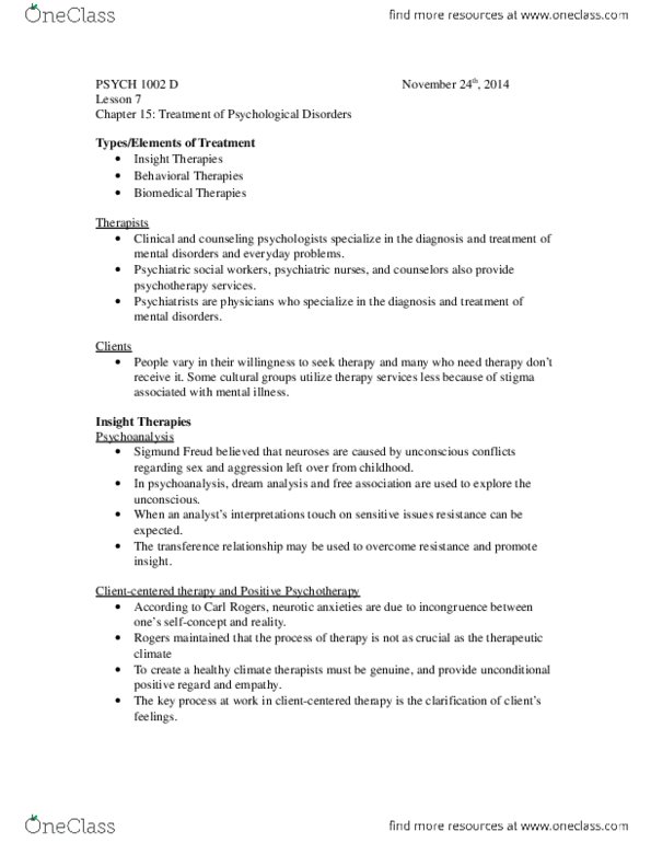 PSYC 1002 Chapter Notes - Chapter 15: Psychoanalysis, Diazepam, Antidepressant thumbnail