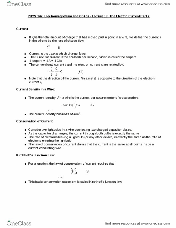 PHYS 142 Lecture Notes - Lecture 15: Ampere, Electric Light, Electric Current thumbnail