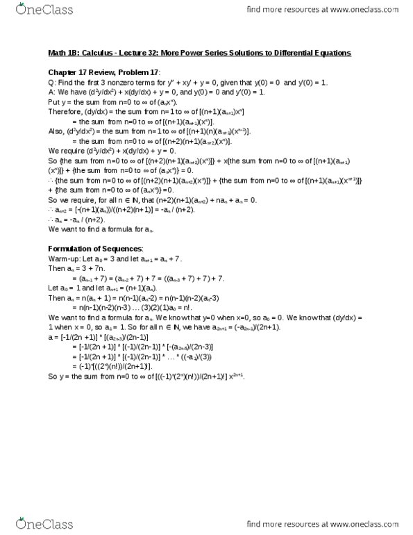 MATH 1B Lecture 32: More Power Series Solutions to Differential Equations thumbnail