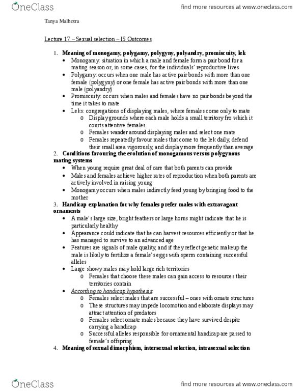 Biology 1001A Lecture Notes - Lecture 17: Promiscuity, Sexual Selection, Pair Bond thumbnail