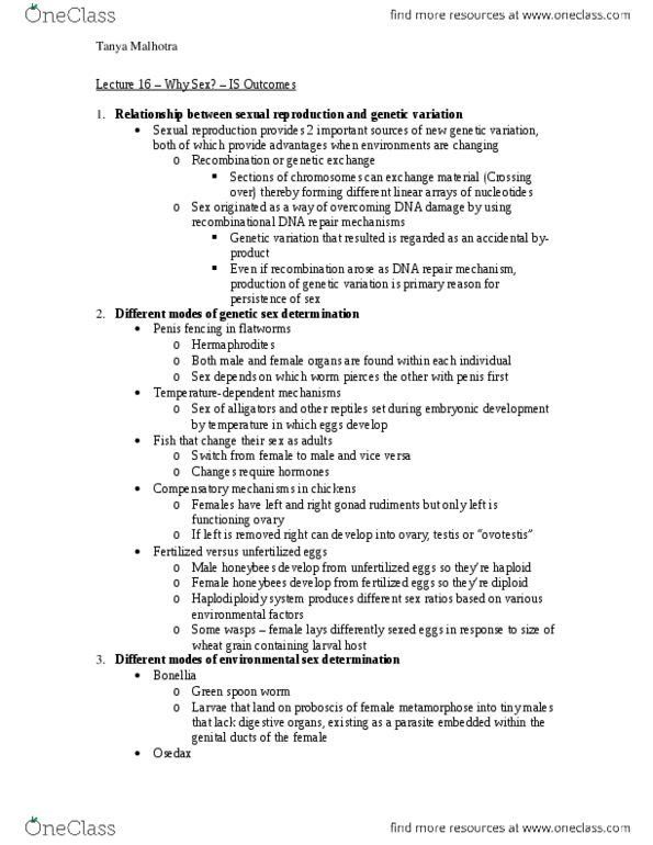 Biology 1001A Lecture Notes - Lecture 16: Osedax, Genetic Variation, Gonad thumbnail