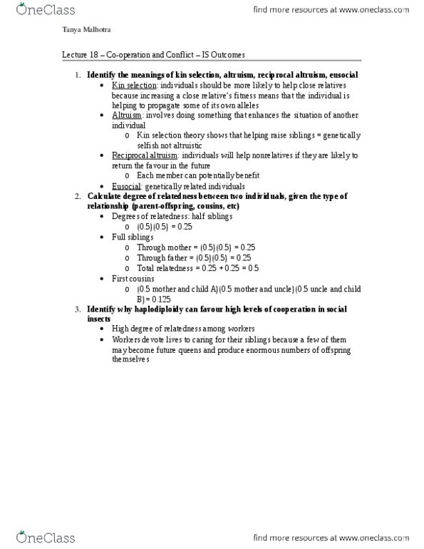 Biology 1001A Lecture Notes - Lecture 18: Eusociality, Reciprocal Altruism, Haplodiploidy thumbnail