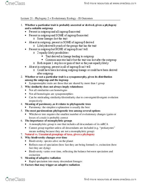 Biology 1001A Lecture Notes - Lecture 21: Synapomorphy, Adaptive Radiation, Reproductive Isolation thumbnail