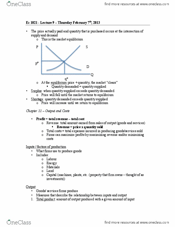 Economics 1021A/B Lecture Notes - Lecture 9: Production Function, Diminishing Returns, Fixed Cost thumbnail