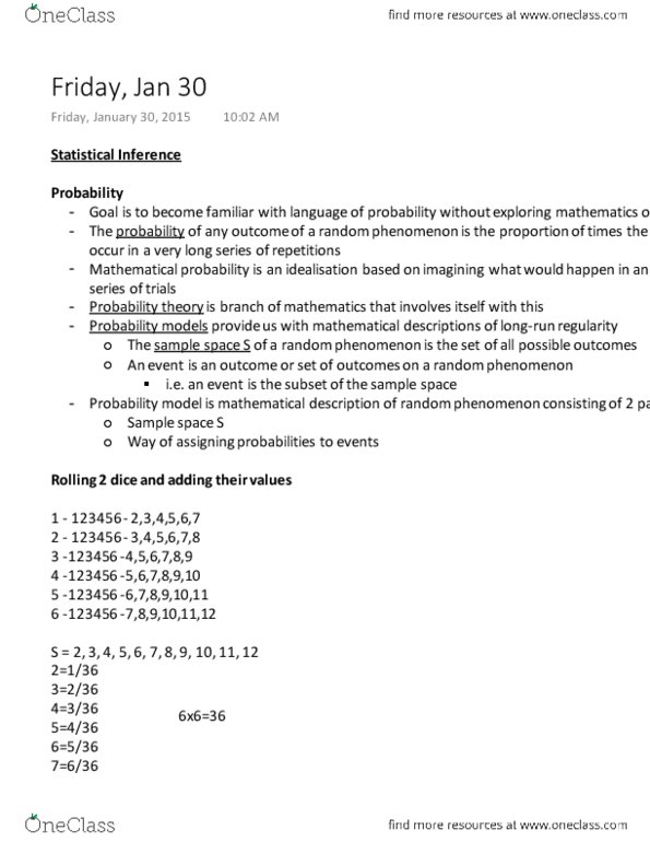 SOCI 328 Lecture Notes - Lecture 7: 5,6,7,8, Probability Theory, Sample Space thumbnail