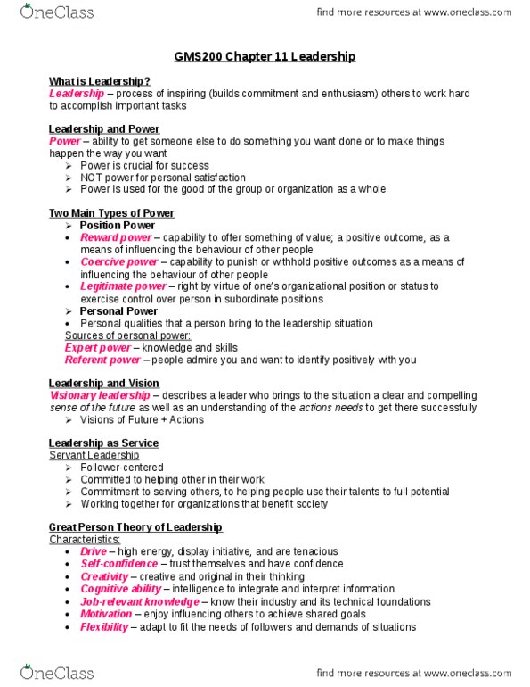 GMS 200 Lecture Notes - Lecture 7: Situational Leadership Theory thumbnail