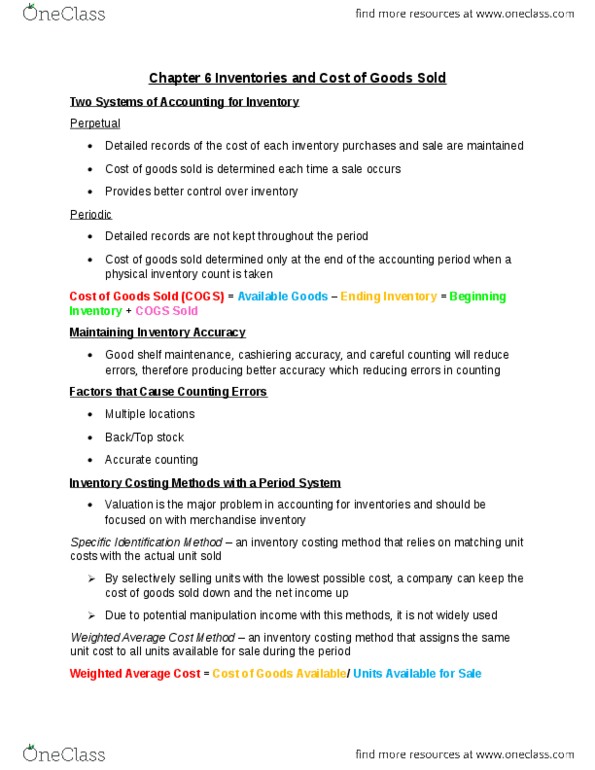 ACC 100 Lecture Notes - Lecture 6: Fifo (Computing And Electronics), Cashiering, Weighted Arithmetic Mean thumbnail