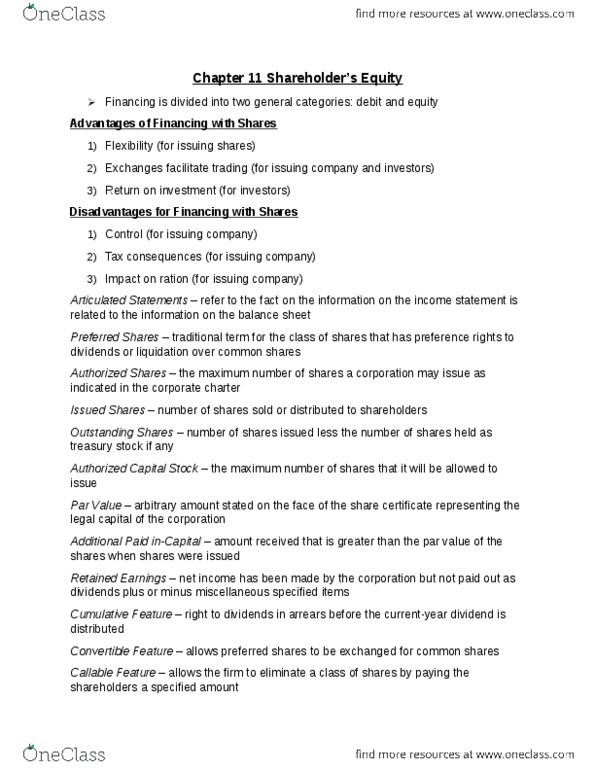 ACC 100 Lecture Notes - Lecture 9: Treasury Stock, Authorised Capital, Income Statement thumbnail