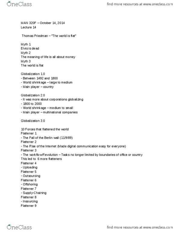 MAN 320F Lecture Notes - Lecture 14: Outsourcing, Offshoring, Thomas Friedman thumbnail