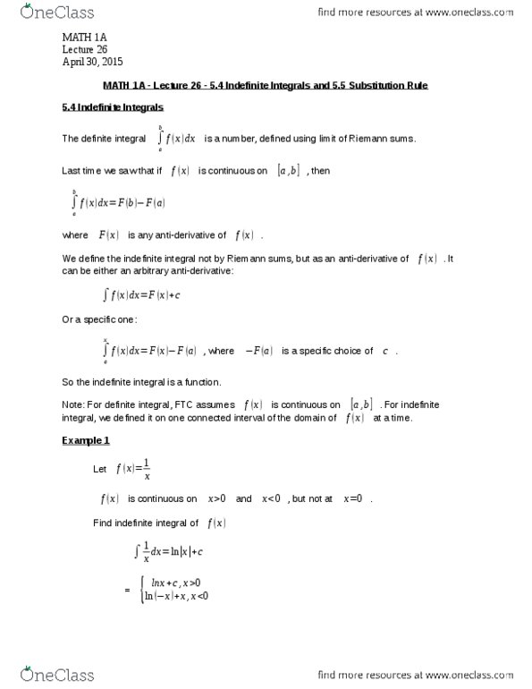 MATH 1A Lecture Notes - Lecture 26: Antiderivative thumbnail