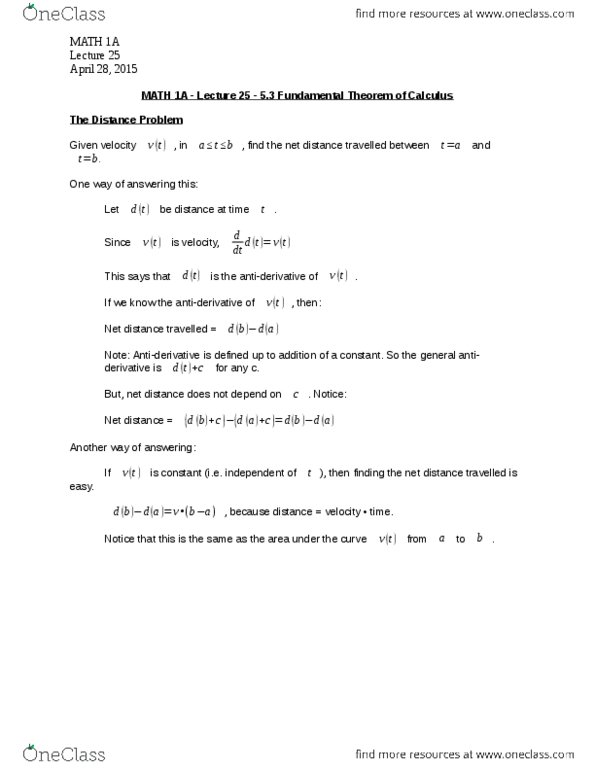 MATH 1A Lecture Notes - Lecture 25: Autocad Dxf, Antiderivative, Riemann Sum thumbnail