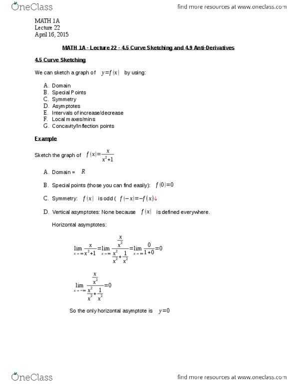 MATH 1A Lecture Notes - Lecture 22: Farad, Asymptote, Antiderivative thumbnail