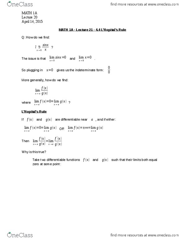 MATH 1A Lecture Notes - Lecture 21: Indeterminate Form thumbnail