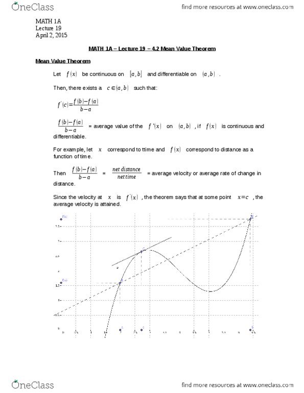 MATH 1A Lecture 19: MATH 1A – Lecture 19 – 4.2 Mean Value Theorem.docx thumbnail