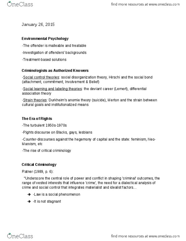 SOC321 Lecture Notes - Lecture 9: Social Control, Social Disorganization Theory, Critical Criminology thumbnail