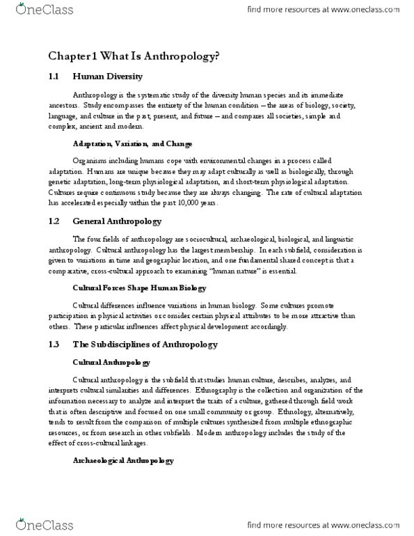 CAS AN 101 Chapter Notes - Chapter 1: Psychological Anthropology, Biological Anthropology, Garbology thumbnail