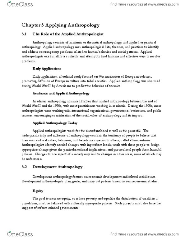 CAS AN 101 Chapter Notes - Chapter 3: Development Anthropology, Anthropology Today, Enculturation thumbnail