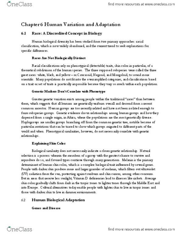 CAS AN 101 Chapter Notes - Chapter 6: Caucasian Race, Sunburn, Human Skin Color thumbnail