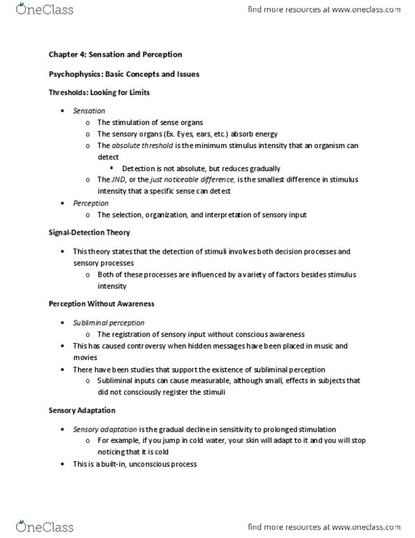 CAS PS 101 Chapter Notes - Chapter 4: Color Vision, Peripheral Vision, Receptive Field thumbnail