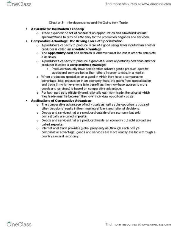 CAS EC 101 Chapter Notes - Chapter 3: International Trade, Absolute Advantage, Opportunity Cost thumbnail