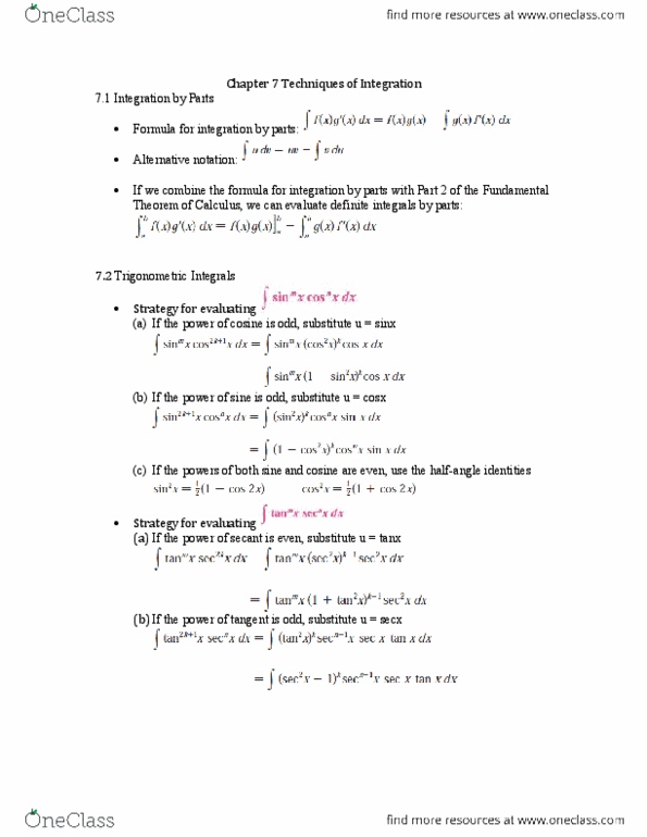 MATH 115 Chapter Notes - Chapter 7: List Of Trigonometric Identities, Trigonometric Substitution, Integral thumbnail