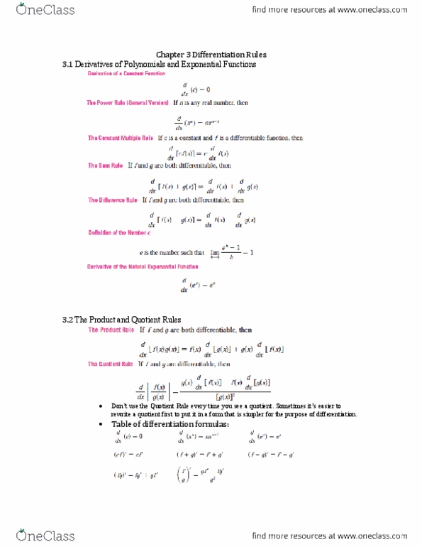 MATH 115 Chapter Notes - Chapter 3: Quotient Rule, Power Rule, Trigonometric Functions thumbnail