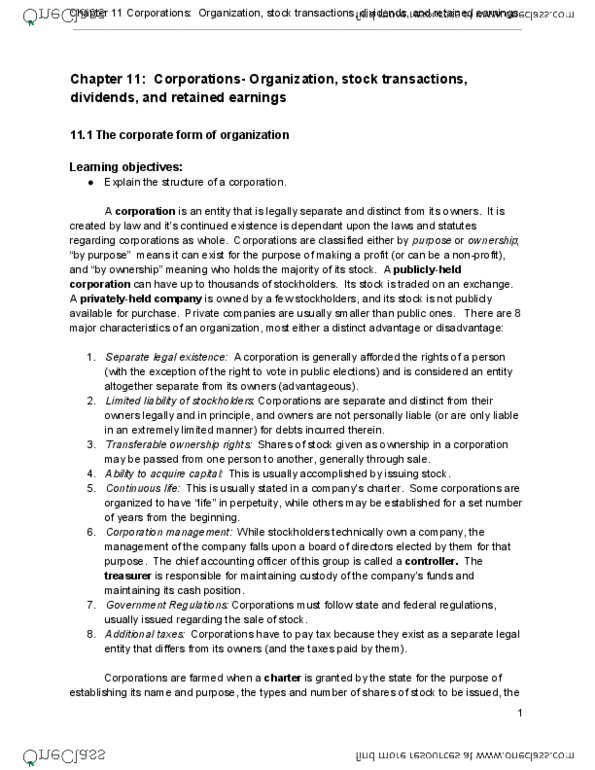 ACCT 1201 Chapter 11: Coporations_ Organization Stock Transactions, Dividends and Retained Earnings thumbnail