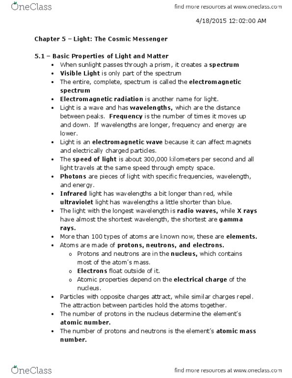 AST 2002 Chapter Notes - Chapter 5: Mass Number, Electromagnetic Radiation, Light Pollution thumbnail