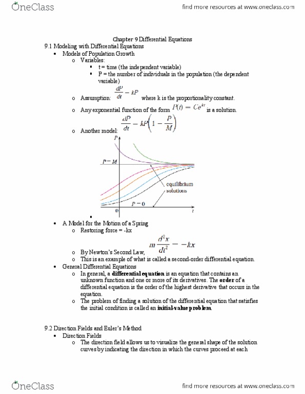 MTH 142 Chapter Notes - Chapter 9: Relative Growth Rate, Logistic Function, Restoring Force thumbnail