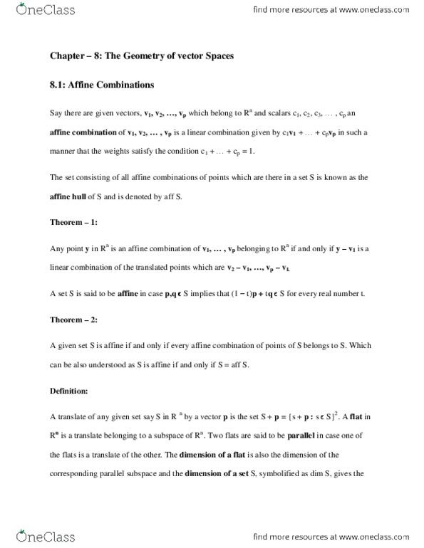 MAT 1341 Chapter Notes - Chapter 8: Compact Space, Affine Combination, Linear Combination thumbnail