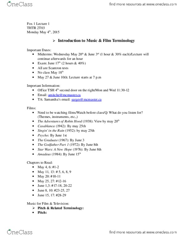 THTRFLM 2T03 Lecture Notes - Lecture 1: Monophony, Duple Coachbuilders, Homophony thumbnail