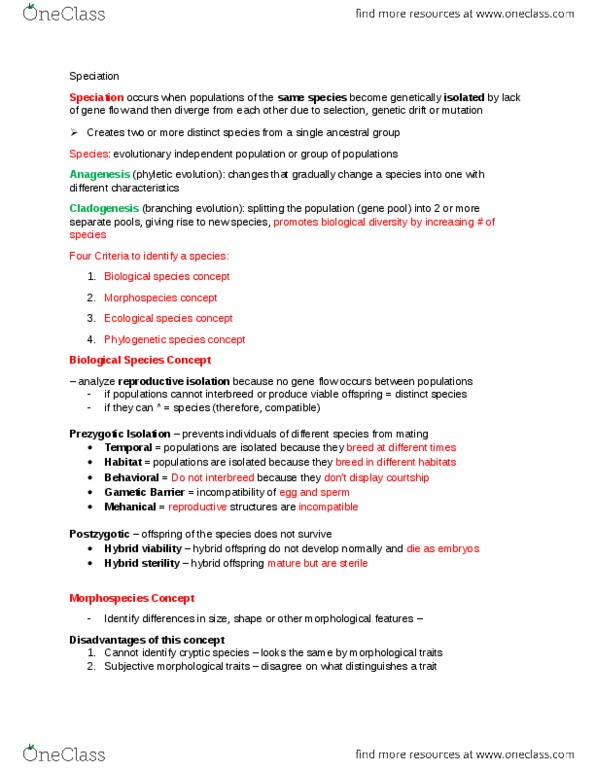 BLG 144 Lecture Notes - Lecture 5: Species Complex, Reproductive Isolation, Phylogenetics thumbnail