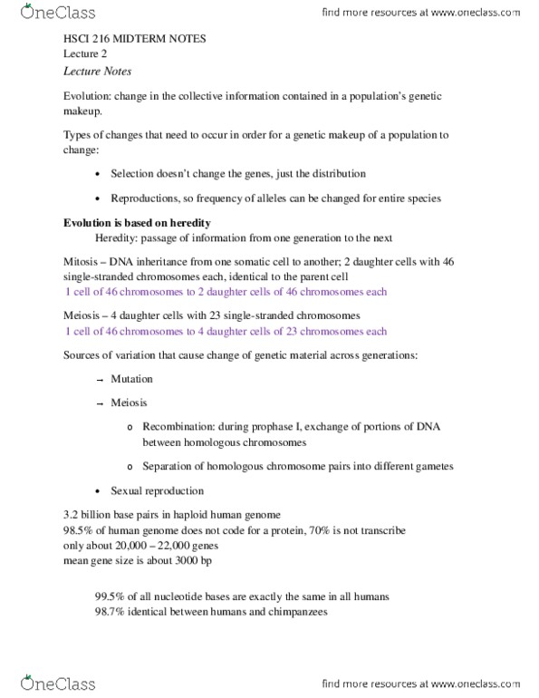 HSCI 216 Lecture Notes - Lecture 2: Allele, Meiosis, Mutation thumbnail