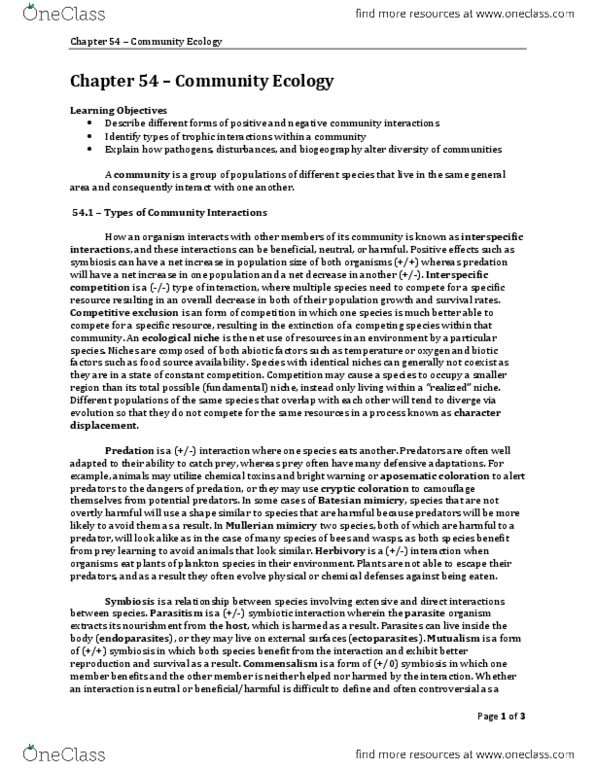 CAS BI 108 Chapter Notes - Chapter 54: Interspecific Competition, Species Richness, Aposematism thumbnail