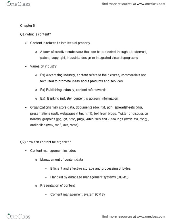 COMM 226 Chapter Notes - Chapter 5: Content Management System, Content Management, Relational Database thumbnail