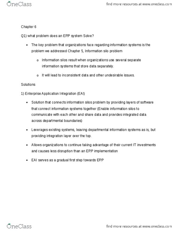 COMM 226 Chapter Notes - Chapter 6: Enterprise Application Integration, Information Silo, Manufacturing Resource Planning thumbnail