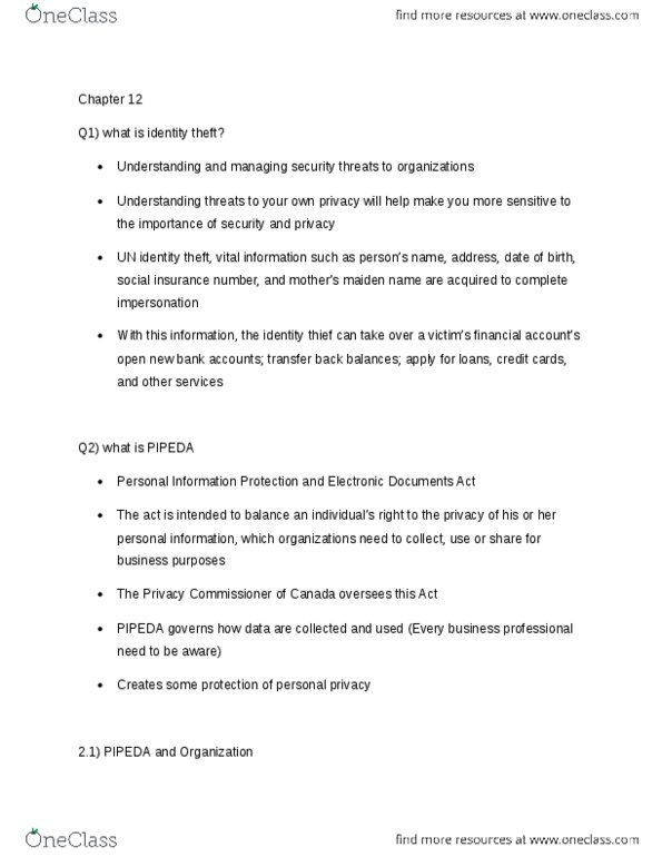 COMM 226 Chapter Notes - Chapter 12: Email Spoofing, Social Insurance Number, Personal Information Protection And Electronic Documents Act thumbnail