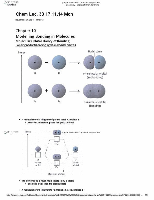 CHMA10H3 Lecture Notes - Lecture 30: Molecular Orbital Diagram, Microsoft Onenote, Pauli Exclusion Principle thumbnail