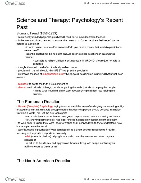PSYA01H3 Lecture Notes - Lecture 4: Humanistic Psychology, Behaviorism, Cognitive Psychology thumbnail