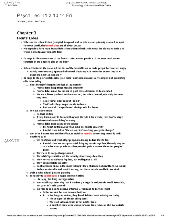 PSYA01H3 Lecture Notes - Lecture 11: Lobotomy, Microsoft Onenote, Frontal Lobe thumbnail